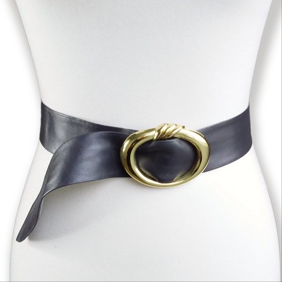 Vintage 80s Paolo Vico Gray Leather Belt Size M/L Gold Buckle Oval Adjustable main image 6